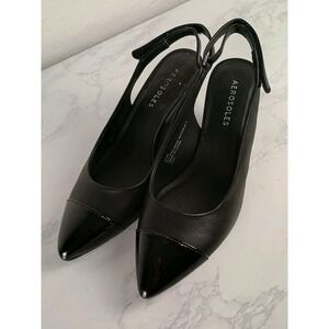Aerosoles Levi Women's Black Leather  Cap Toe Slingback Pumps Heels Size 6.5M
